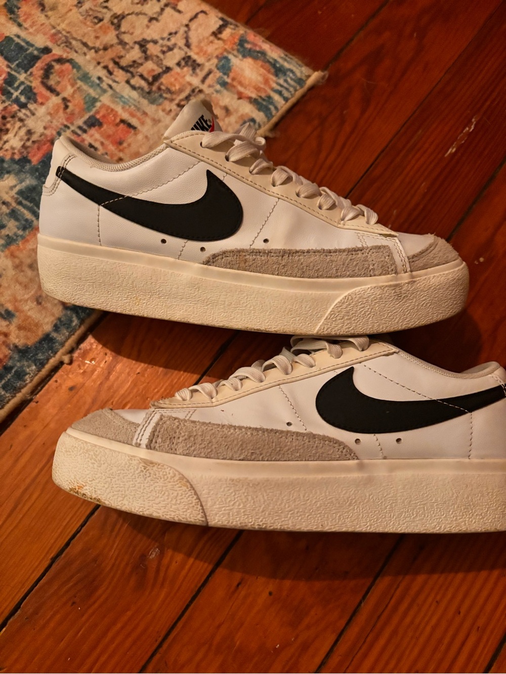 Nike Womans White Sneakers with Black Swoosh and Beige Suede